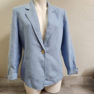 Talbots Light Blue‎ Blazer Size LP Linen Double Breasted Button Interweave Tweed